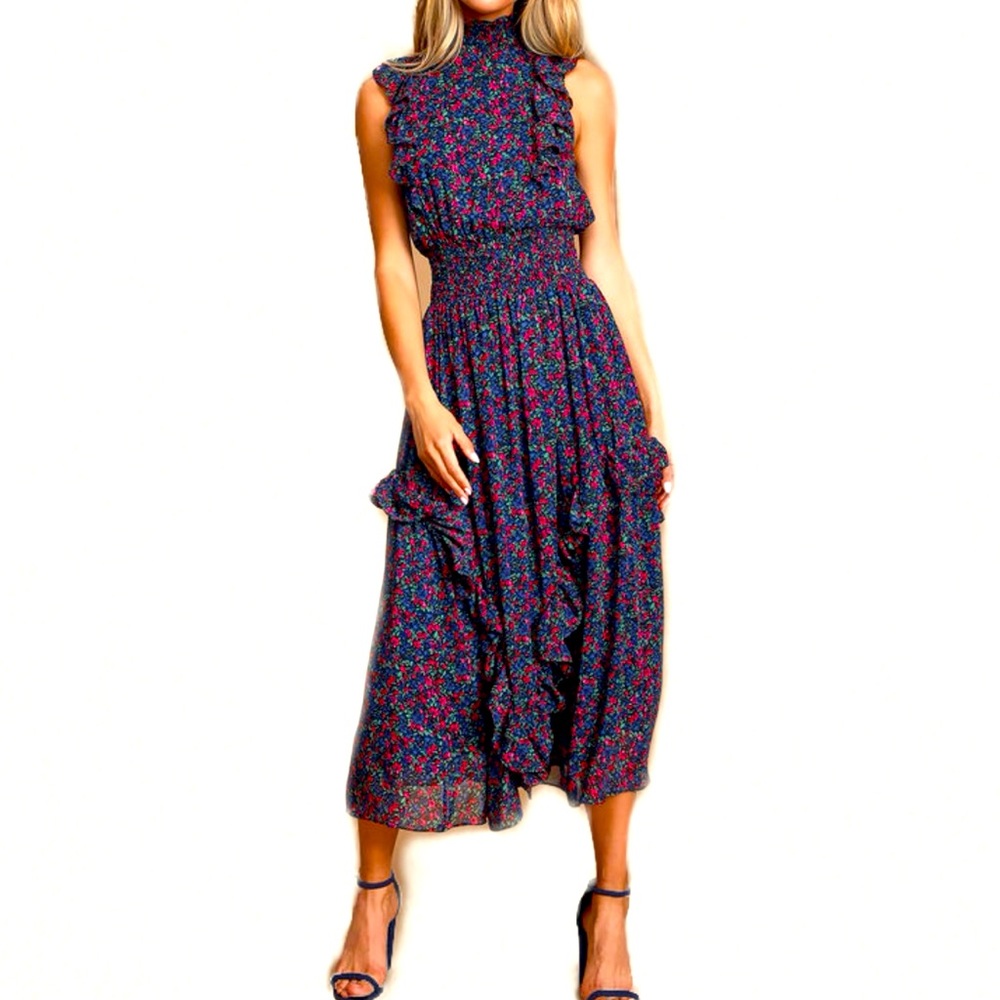 Navy Blue Floral Print Mock Neck Midi Dress